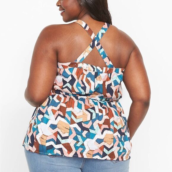Lane Bryant Sleeveless CrossBack Button front Geo print multi color halter- Sz18 - Picture 2 of 7
